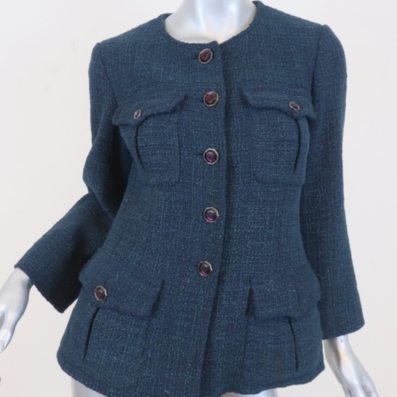 Chanel Tweed Jacket Navy Cotton-Blend - Picture 2 of 8